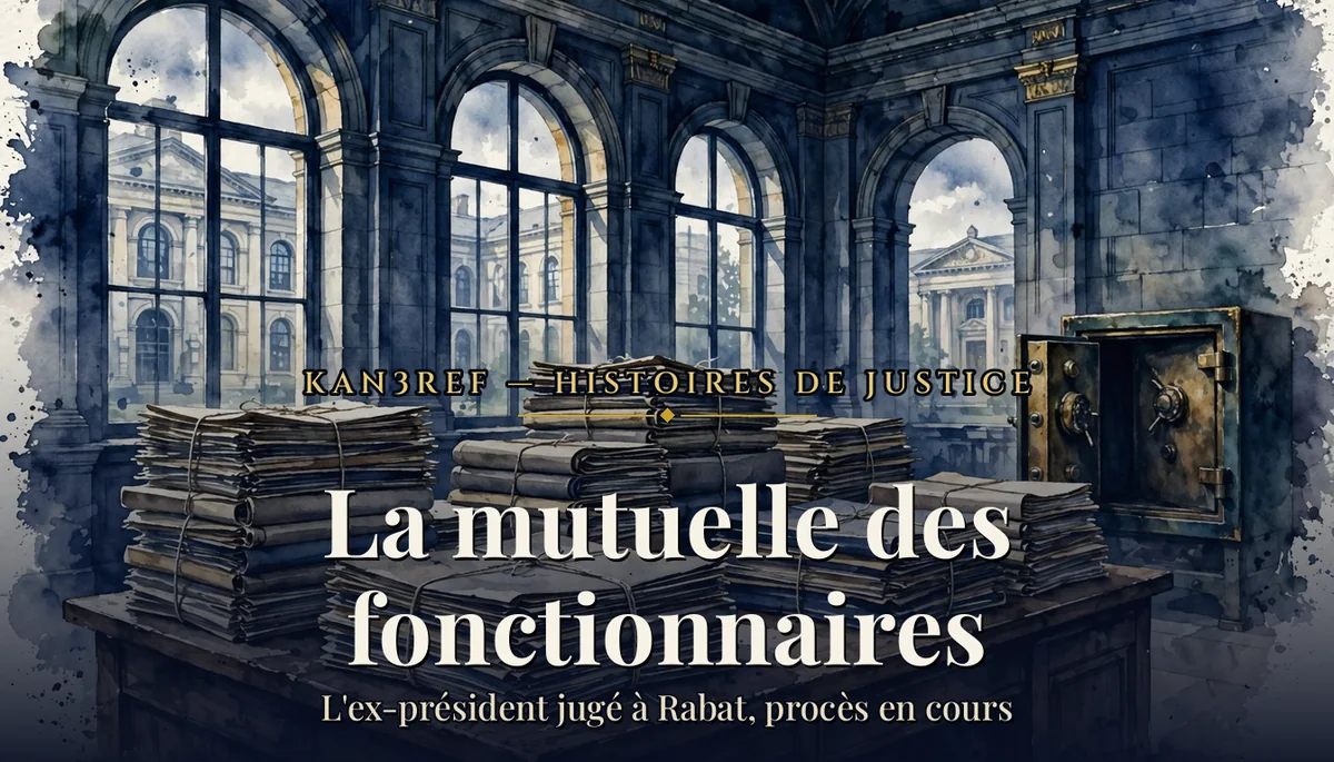 Aquarelle d'un bureau institutionnel aux grandes baies vitrées, piles de dossiers médicaux ficelés sur un bureau et coffre-fort ancien entrouvert