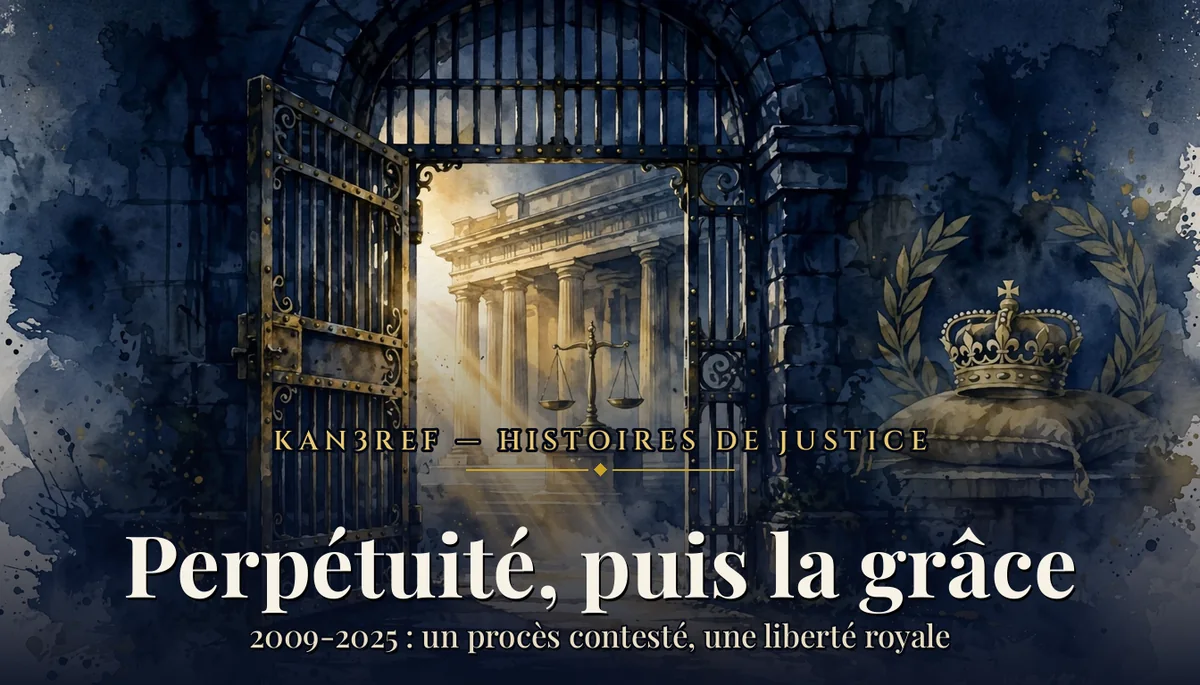 Illustration aquarelle marine et or d'une lourde porte de prison en fer entrouverte laissant passer un rayon de lumière vers un palais de justice à colonnes et une balance, avec une couronne dorée posée sur un coussin à droite, symbole de la grâce royale