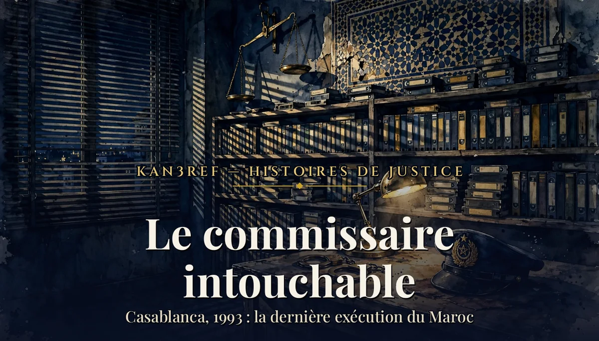Illustration aquarelle marine et or d'un bureau de commissariat des années 1990 plongé dans la pénombre : une casquette d'officier posée sur le bureau, des étagères remplies de cassettes vidéo, une balance de justice au mur et la lumière filtrant par des stores vénitiens