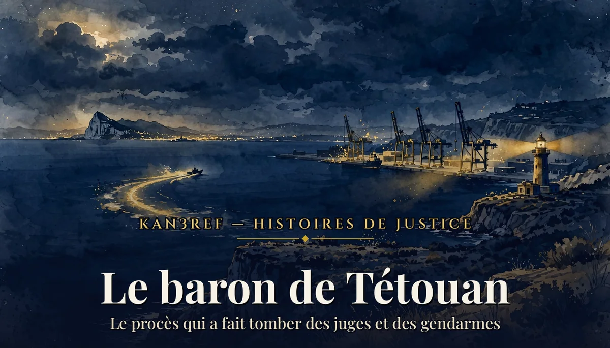 Illustration aquarelle marine et or du détroit de Gibraltar la nuit, vu depuis la côte de Tétouan : un phare éclaire un port à grues, un bateau rapide laisse un sillage lumineux sur la mer sombre, le rocher de Gibraltar au loin