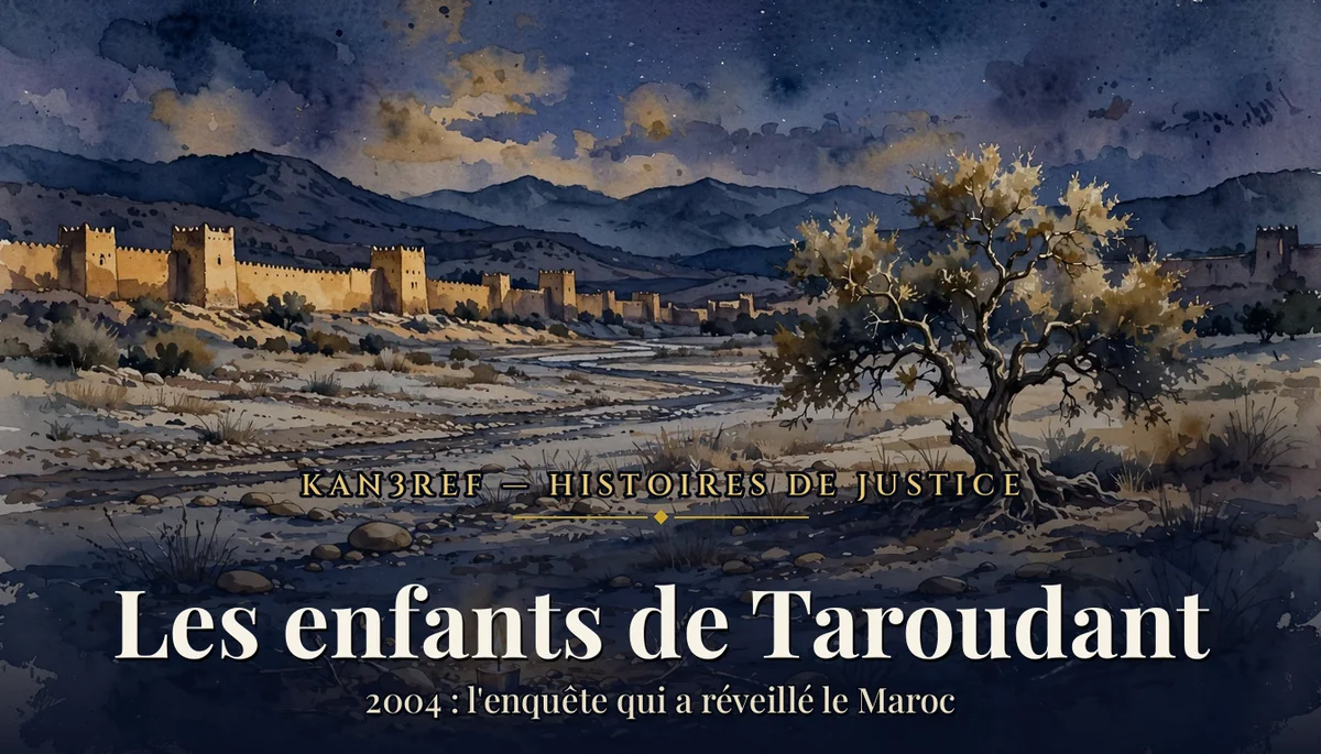 Illustration aquarelle marine et or d'un oued asséché au crépuscule devant les remparts ocre de Taroudant, avec un arganier solitaire au premier plan et les montagnes sombres en arrière-plan, ambiance sobre et recueillie