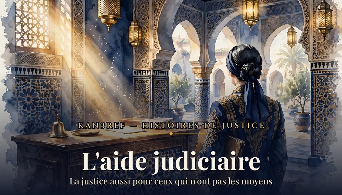 Aquarelle marine et or : une femme de dos, dossier sous le bras, devant le comptoir d'accueil d'un tribunal marocain baigné de lumière