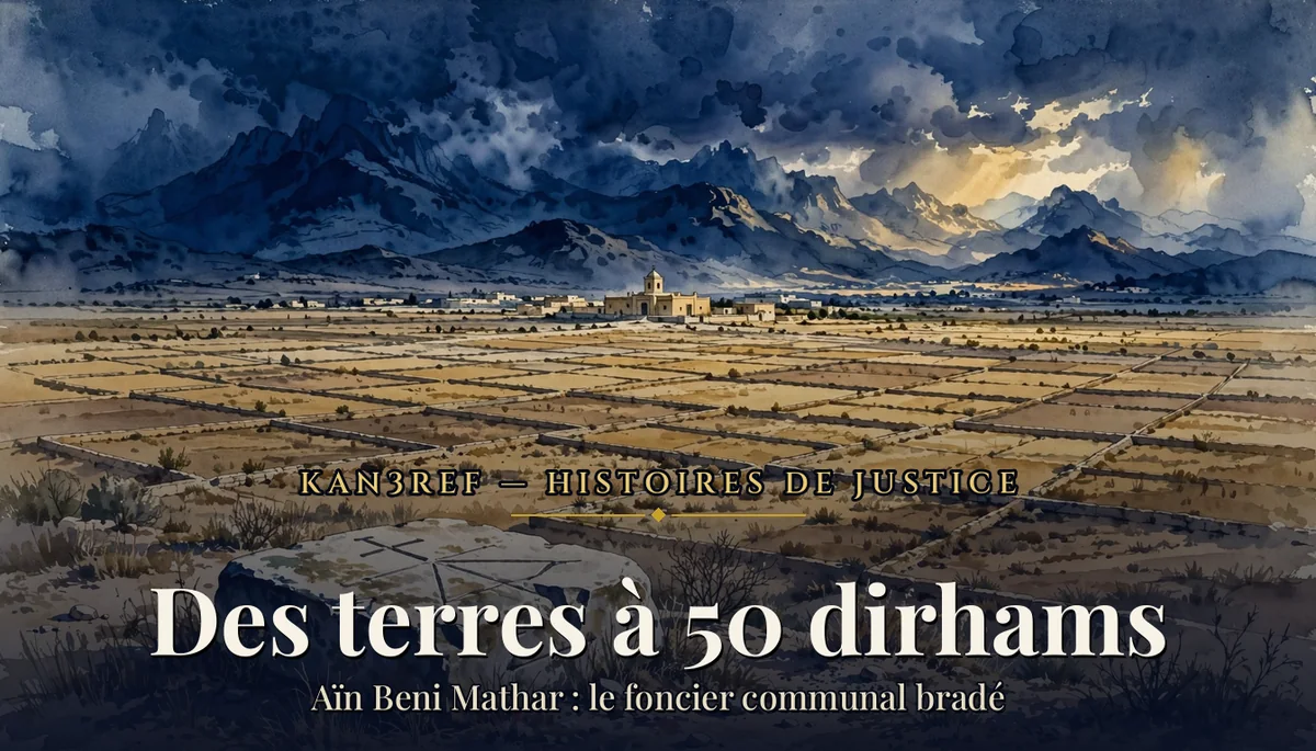 Illustration aquarelle marine et or : parcelles cadastrales dorées de l'Oriental, borne foncière et montagnes au loin