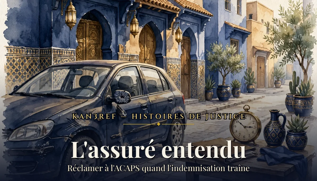 Aquarelle marine et or : voiture au rétroviseur fissuré dans une rue marocaine, une horloge ancienne évoquant la longue attente de l'indemnisation
