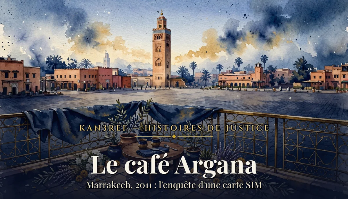 Illustration aquarelle marine et or de la place Jemaa el-Fnaa à l'aube vue depuis une terrasse de café déserte : une petite table avec deux tasses, des fleurs déposées en hommage, la Koutoubia se dressant au centre de la place vide