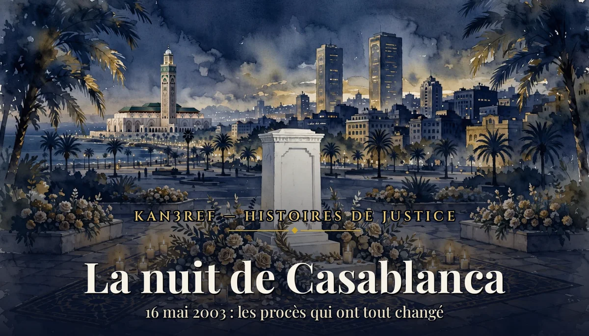 Illustration aquarelle marine et or d'une stèle commémorative blanche entourée de fleurs et de bougies sur une place de Casablanca au crépuscule, avec la mosquée Hassan II et les tours de la ville en arrière-plan