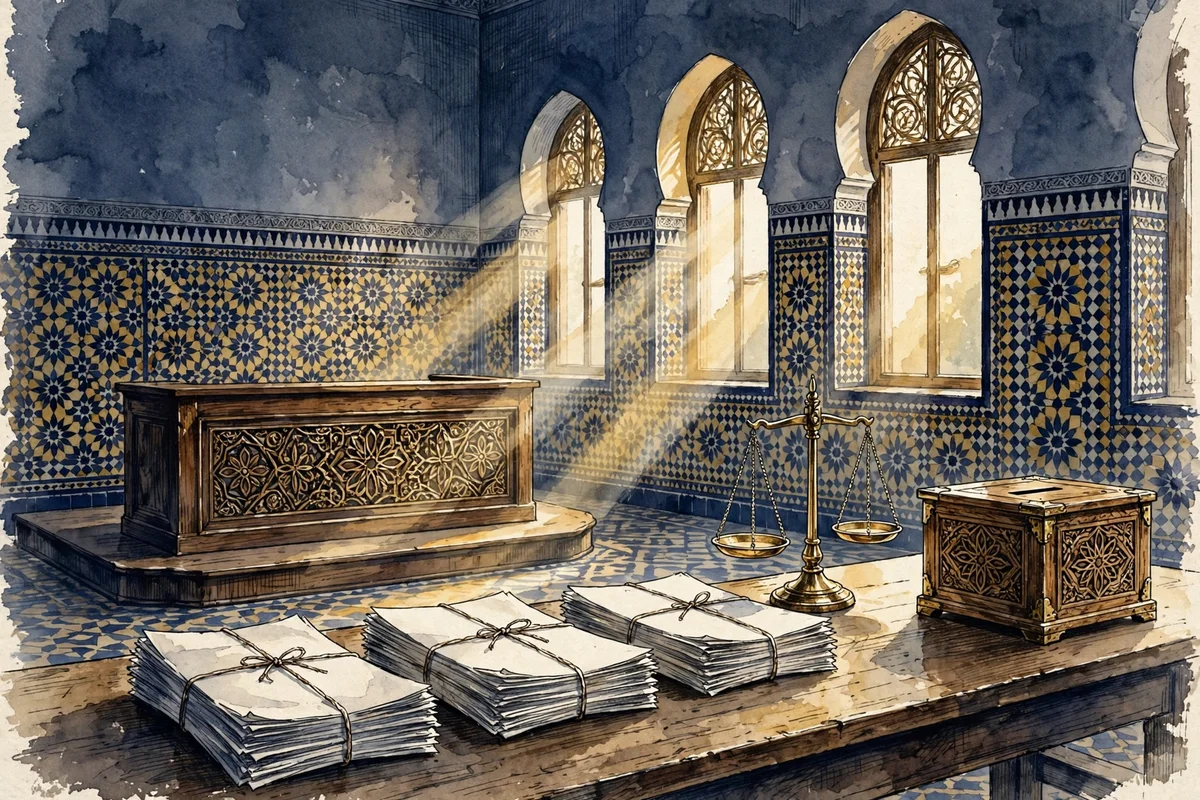 Aquarelle marine et or : une salle d'audience marocaine vide, des liasses de listes électorales ficelées sur une table, une balance de justice et une urne en bois sculpté