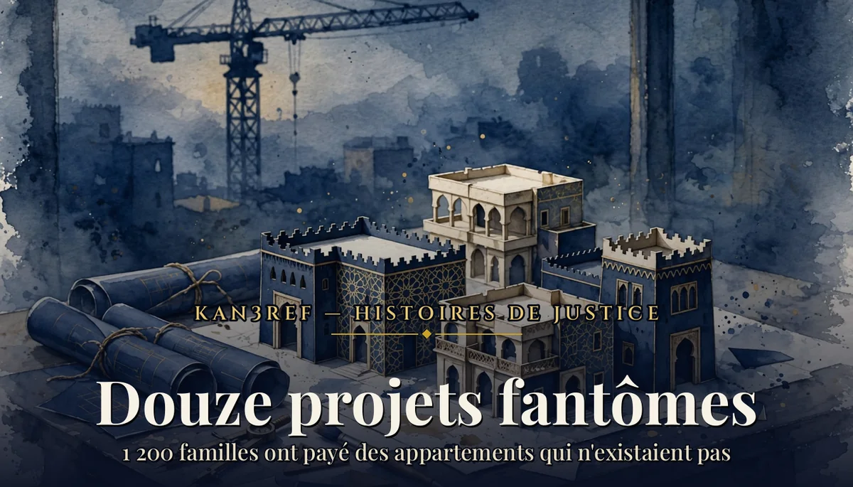 Aquarelle marine et or : maquettes d'immeubles marocains sur une table d'architecte, plans roulés et grue de chantier en arrière-plan