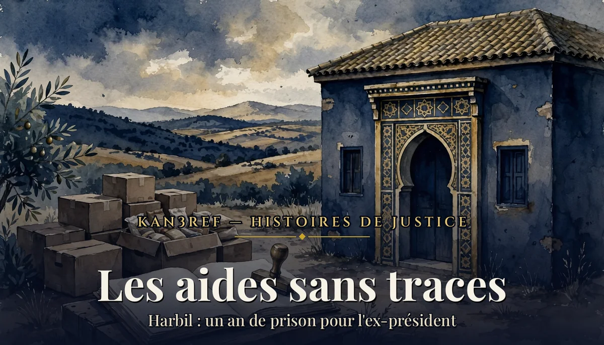 Illustration aquarelle marine et or : petite mairie rurale marocaine, cartons d'aides et registre ouvert aux pages vierges