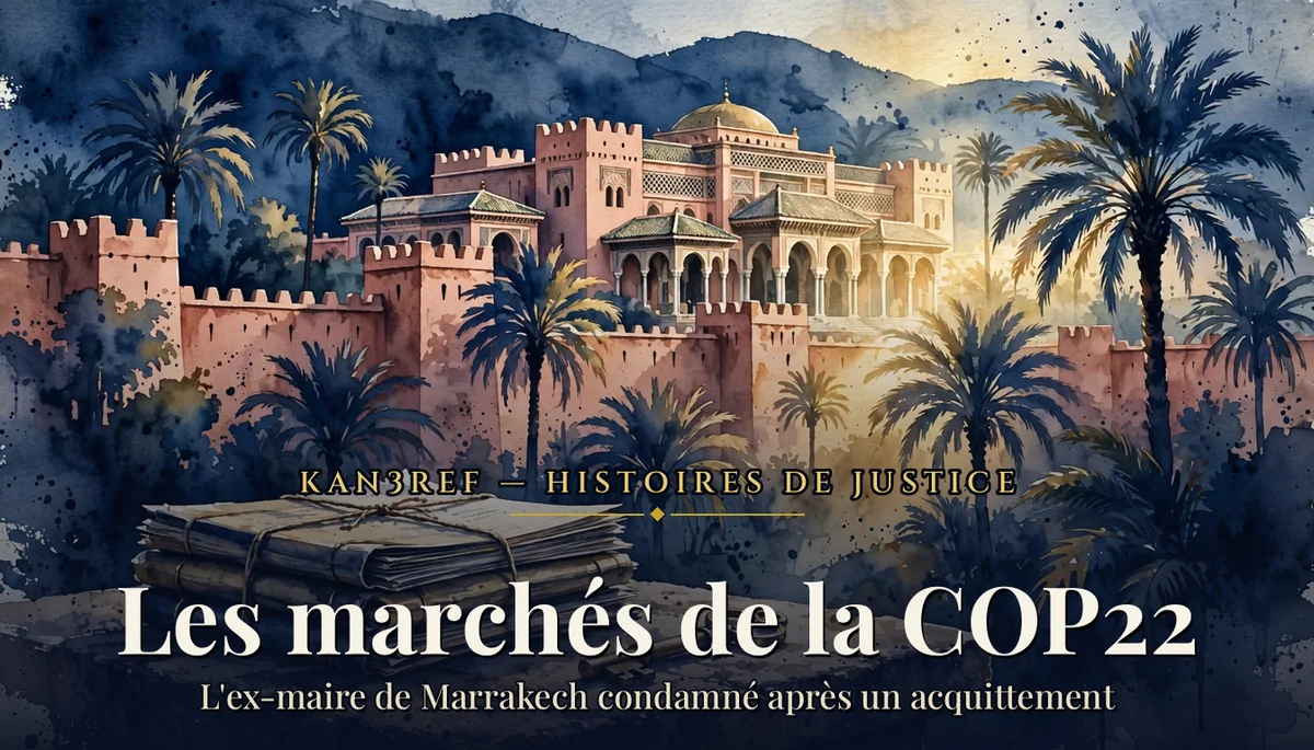 Aquarelle des remparts roses et des palmiers de Marrakech avec un palais en arrière-plan, dossiers de marchés ficelés au premier plan, lumière dorée