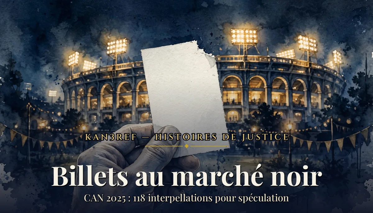 Aquarelle marine et or : un stade illuminé la nuit par ses projecteurs, une main au premier plan brandissant un billet vierge au coin déchiré