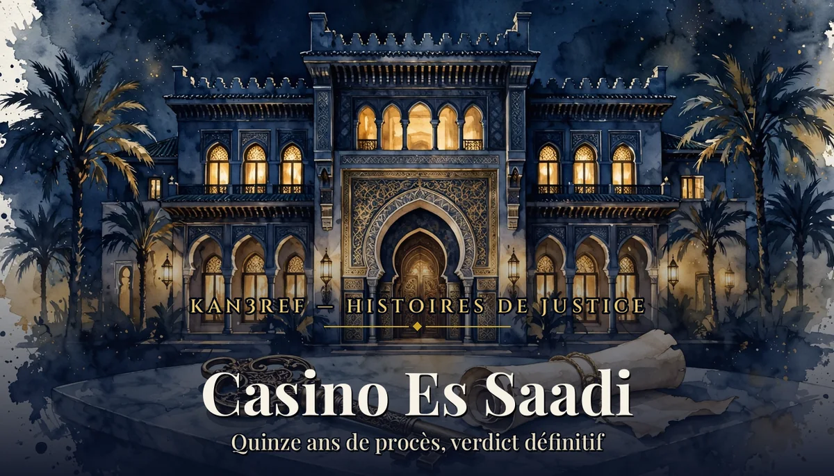 Aquarelle d'un palace marocain illuminé la nuit, palmiers et porte sculptée, parchemin d'acte foncier roulé sur une table de marbre au premier plan