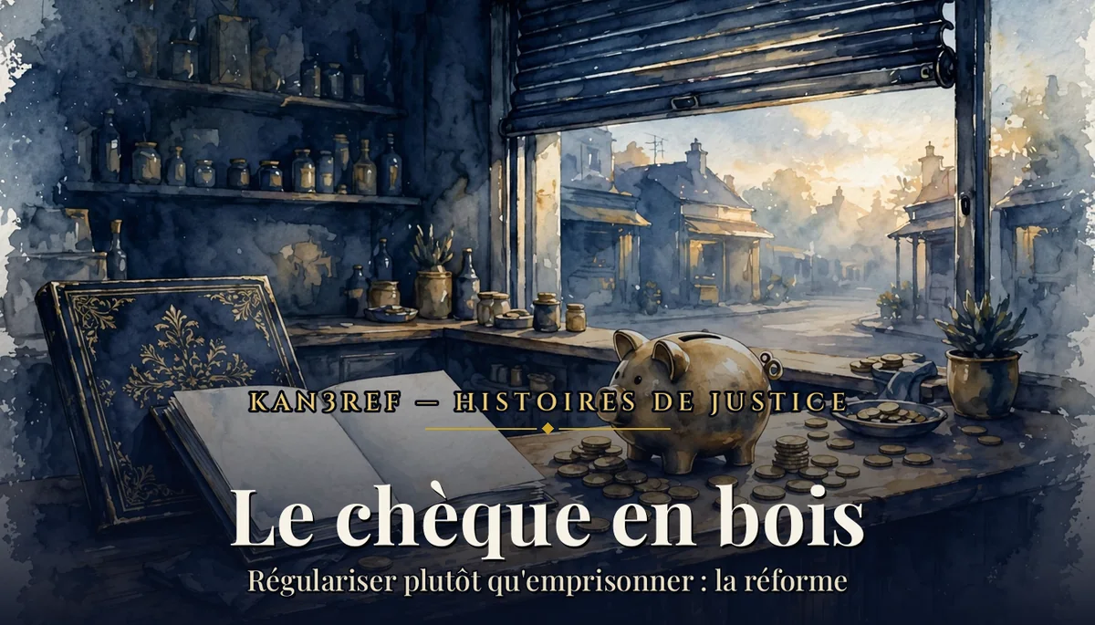 Aquarelle marine et or : tirelire et registre vierge sur le comptoir d'un petit commerce au rideau entrouvert, à l'aube