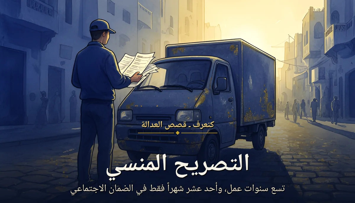 رسم بالألوان المائية: سائق توصيل من الخلف في شارع بالدار البيضاء عند الفجر، أوراق أداء في يده بجانب شاحنة صغيرة — مقال على الموظف غير المصرح به في الضمان الاجتماعي