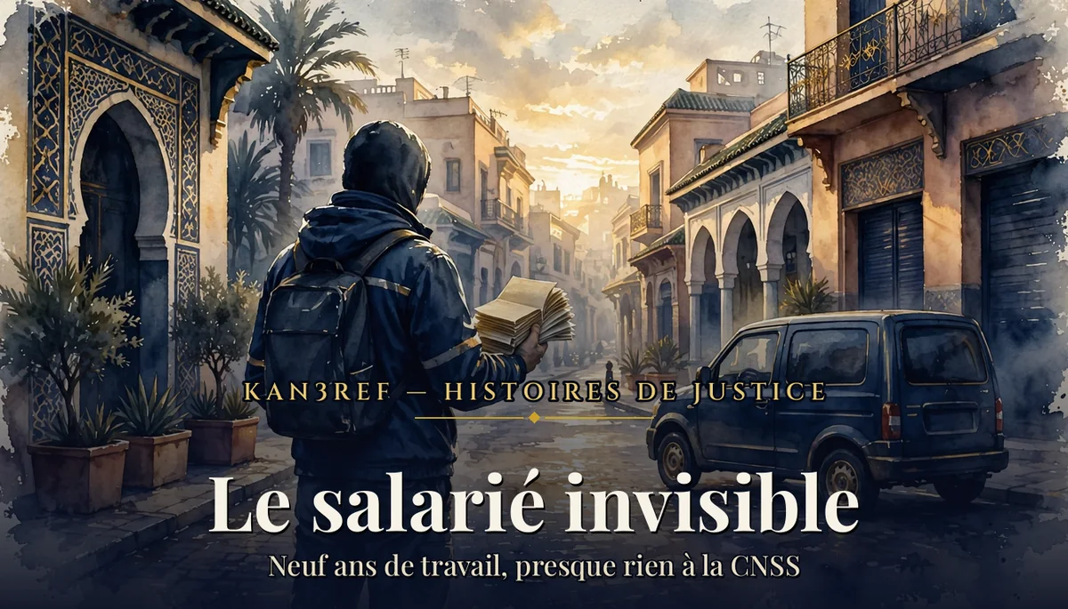 Aquarelle : livreur de dos dans une rue de Casablanca à l'aube, une liasse de bulletins de paie à la main, près d'une camionnette