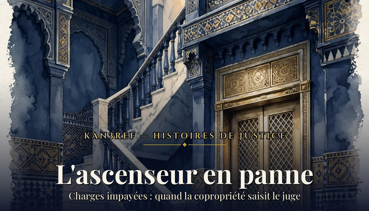 Aquarelle marine et or : escalier en marbre d'un immeuble marocain et portes d'ascenseur anciennes à panneaux dorés sculptés