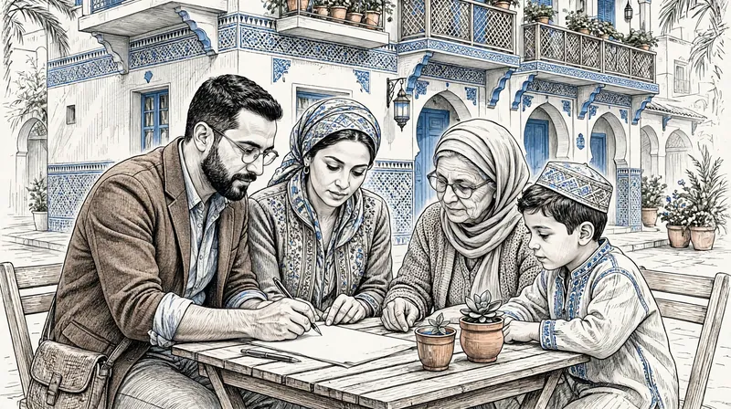 Illustration décorative au trait : famille réunie — article sur les peines alternatives