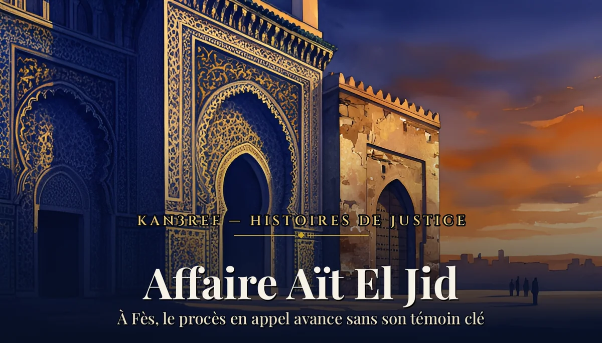 Illustration aquarelle : palais de justice marocain à Fès au crépuscule, zelliges marine et or — article sur le procès en appel Hami Eddine / Aït El Jid