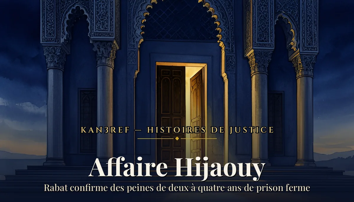 Illustration aquarelle : porte de palais de justice entrouverte sur une lumière chaude, tons marine et or — article sur la confirmation en appel dans l’affaire Hijaouy