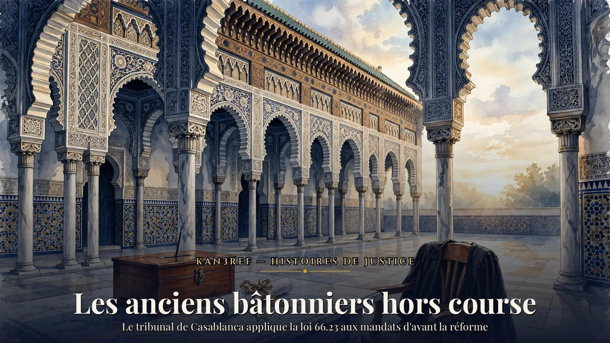 Aquarelle marine et or : cour d’un palais de justice marocain aux arcades et zelliges, urne de vote en bois et liste électorale roulée au ruban doré sur une table de marbre, robe d’avocat noire posée sur une chaise — article sur l’inéligibilité des anciens bâtonniers (loi 66.23)