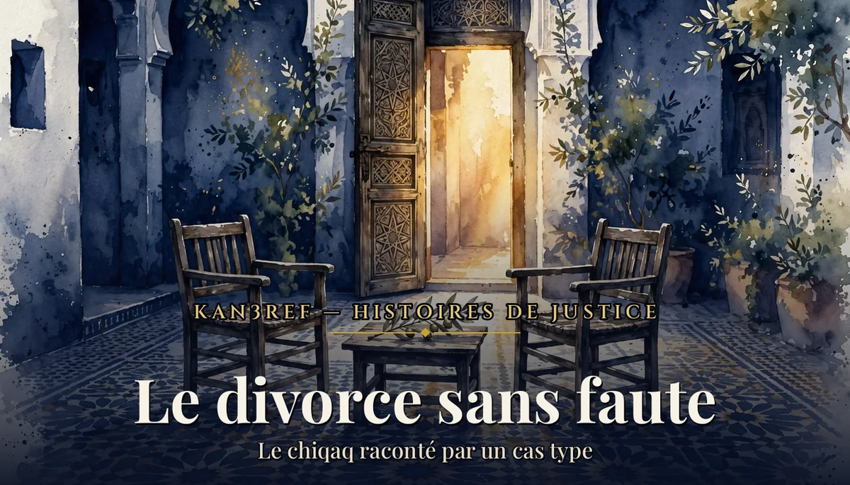 Aquarelle marine et or : deux chaises en bois face à face dans la cour d'une maison marocaine, une porte sculptée ouverte sur une lumière chaude et un rameau d'olivier posé sur la table.