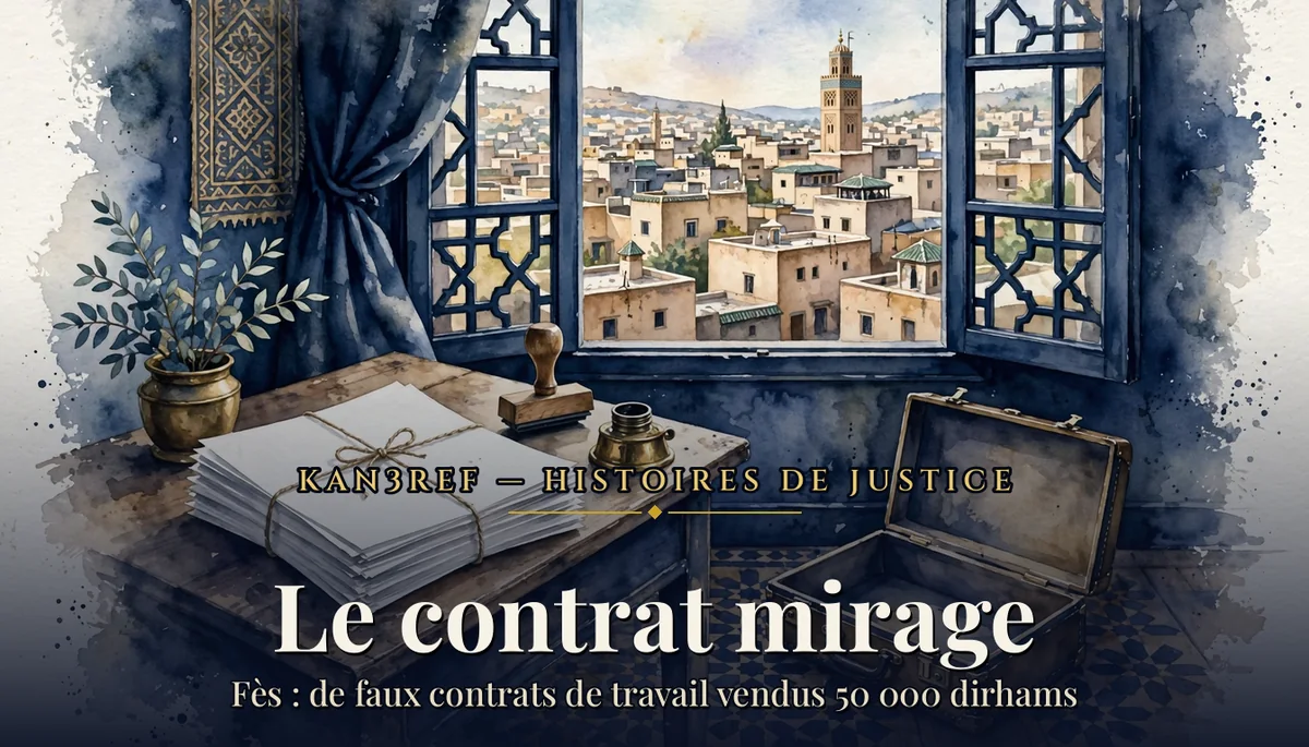 Aquarelle marine et or : un bureau donnant sur la médina de Fès, une liasse de feuilles blanches ficelées, un tampon en bois et une mallette vide ouverte