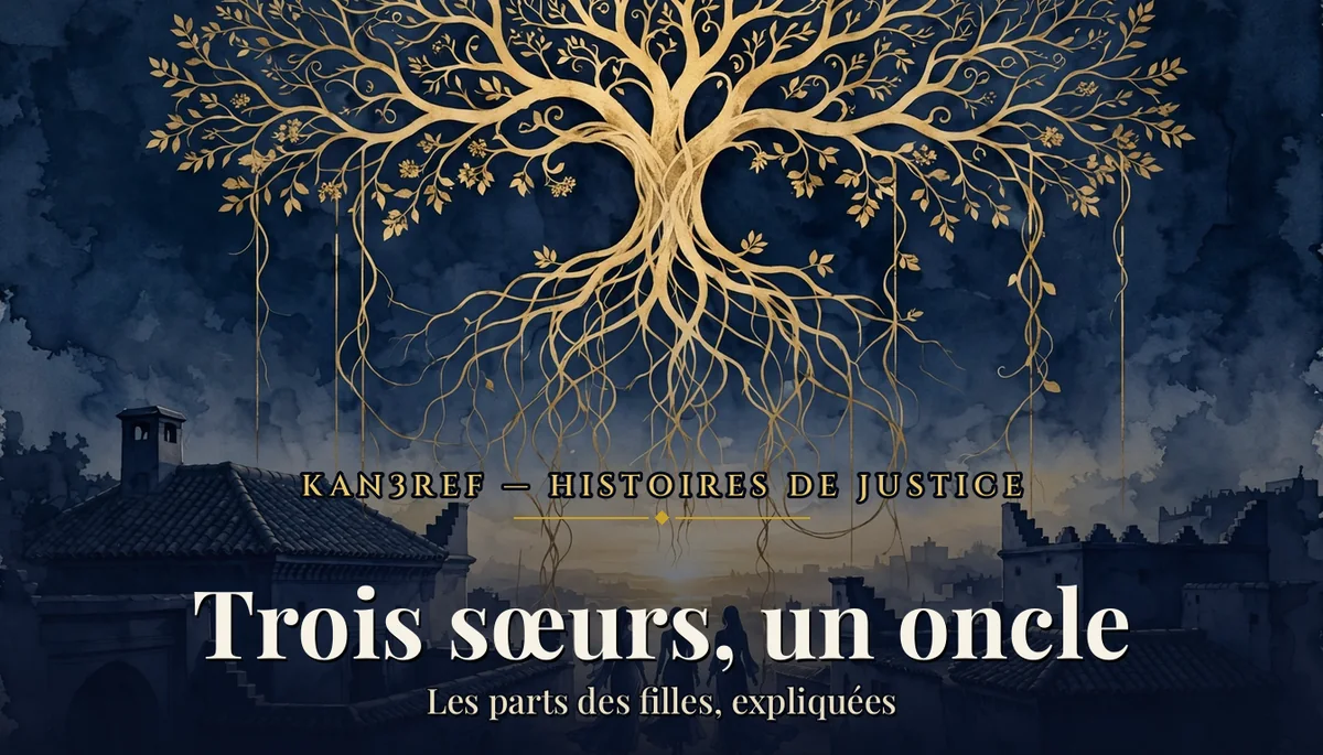 Aquarelle marine et or : un arbre généalogique stylisé aux branches et racines dorées au-dessus des toits d'une médina, au crépuscule.