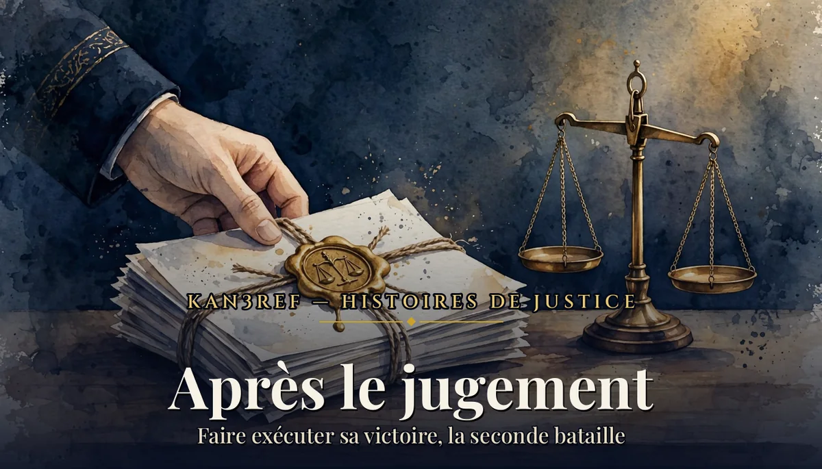 Aquarelle marine et or : une main dépose un jugement ficelé frappé d'un sceau de cire doré, à côté d'une balance de justice