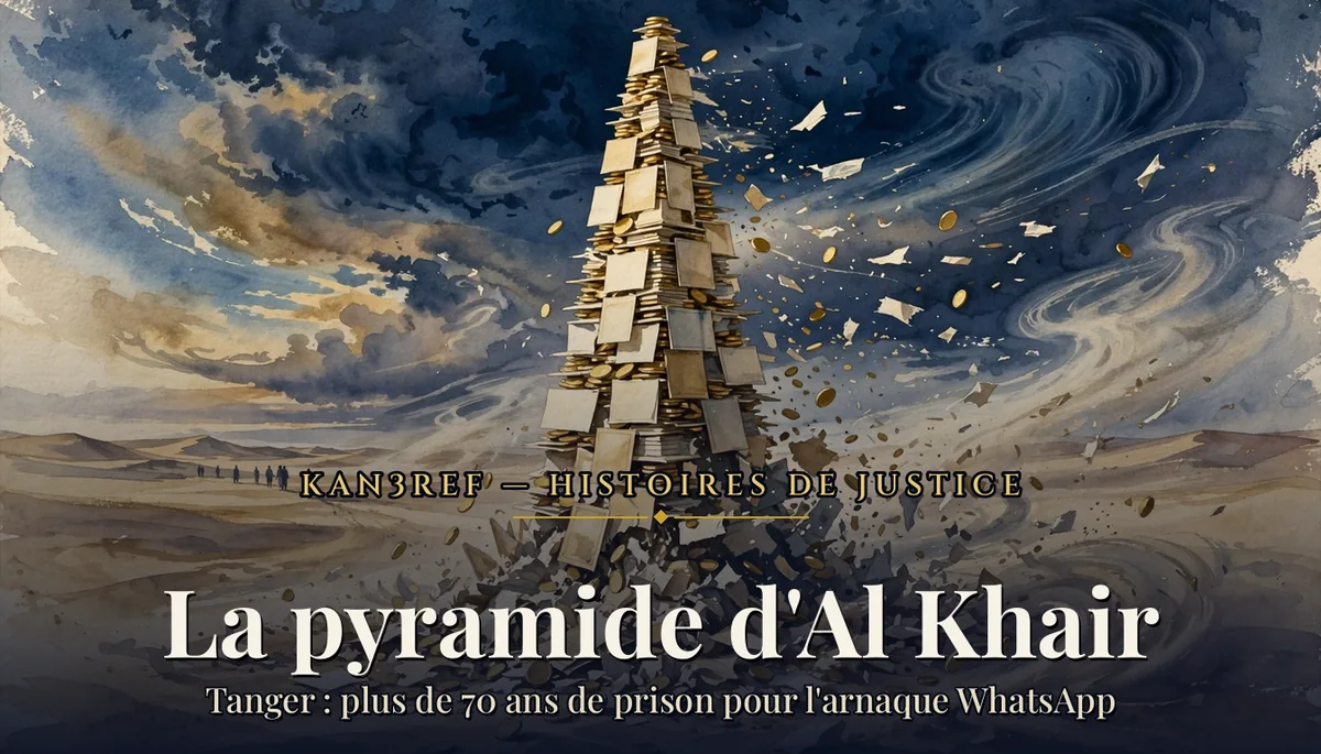 Aquarelle marine et or : une haute pyramide de billets et de pièces d'or dressée sur le sable, dont la base s'effrite et se disperse au vent sous un ciel tourmenté