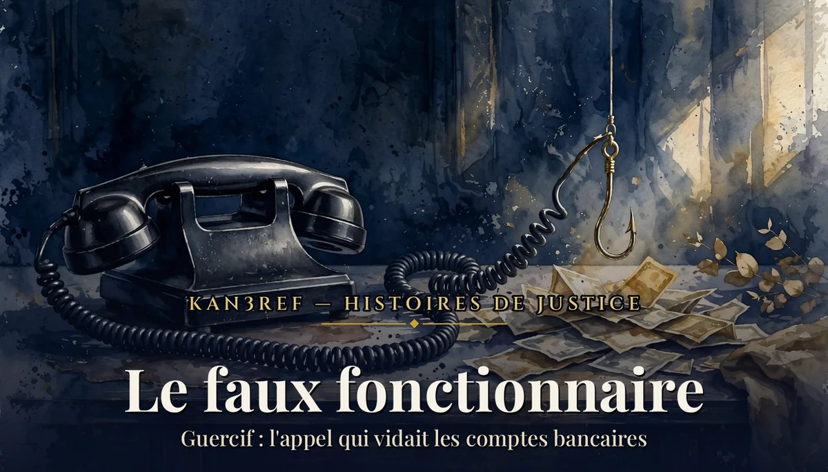 Aquarelle marine et or : un vieux téléphone noir à combiné, dont le cordon se termine en hameçon doré suspendu au-dessus de billets épars sur un bureau