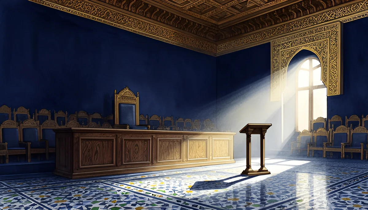 Illustration aquarelle d'une salle d'audience marocaine vide : le banc des juges, la barre des témoins éclairée par un rai de lumière, sols en zellige aux tons marine et or