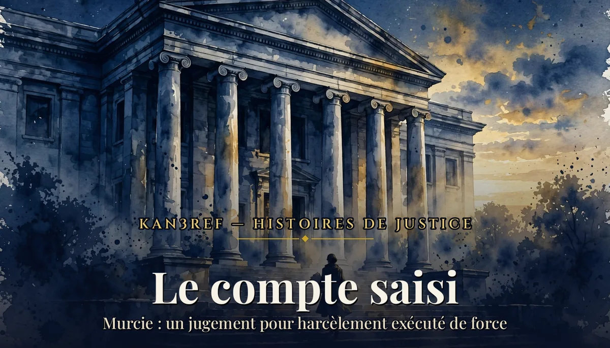 Aquarelle : façade de palais de justice à colonnes de marbre à l'aube, silhouette d'une femme de dos gravissant les marches, un dossier à la main