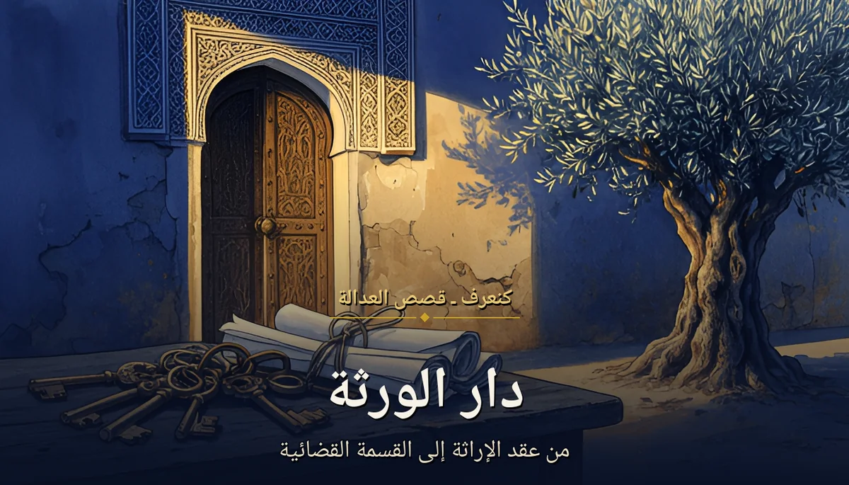 رسم بالألوان المائية بحرية وذهبية: باب خشبي منحوت لدار مغربية قديمة، مفاتيح عتيقة ووثائق مربوطة على طاولة، وشجرة زيتون بجانبها — مقال على دار الورثة والشياع
