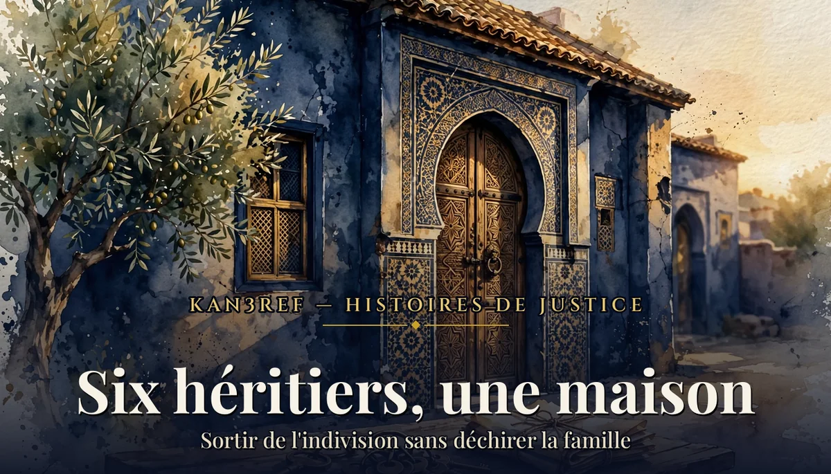Aquarelle marine et or : façade d'une vieille maison marocaine à la porte de bois sculptée, un trousseau de clés anciennes et des documents ficelés posés sur une table, un olivier à côté.