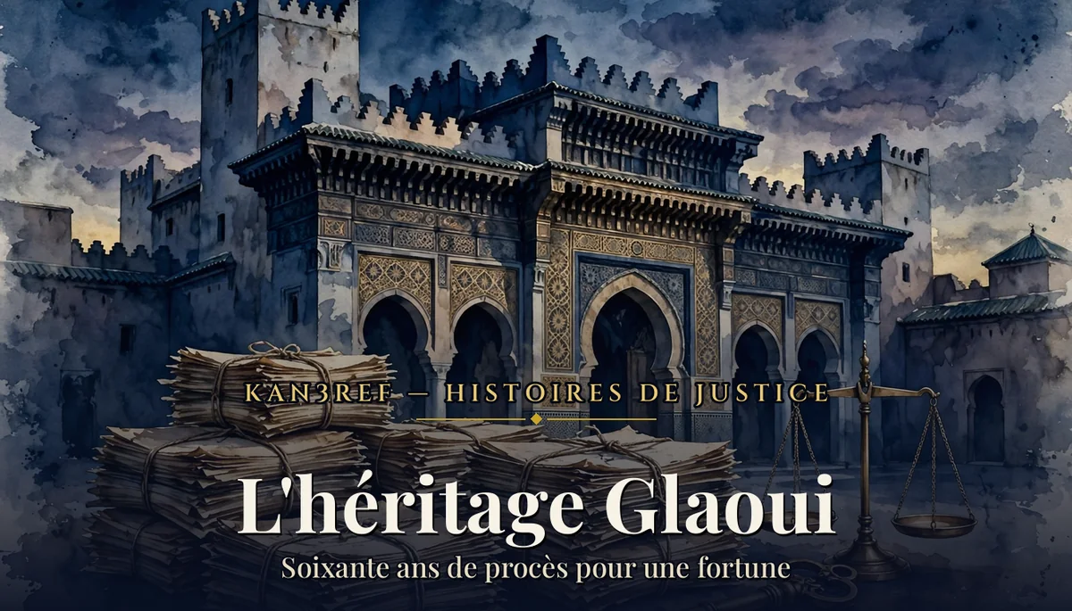 Aquarelle marine et or : un palais marocain ancien au crépuscule, des piles de dossiers judiciaires ficelés et une balance de justice au premier plan.