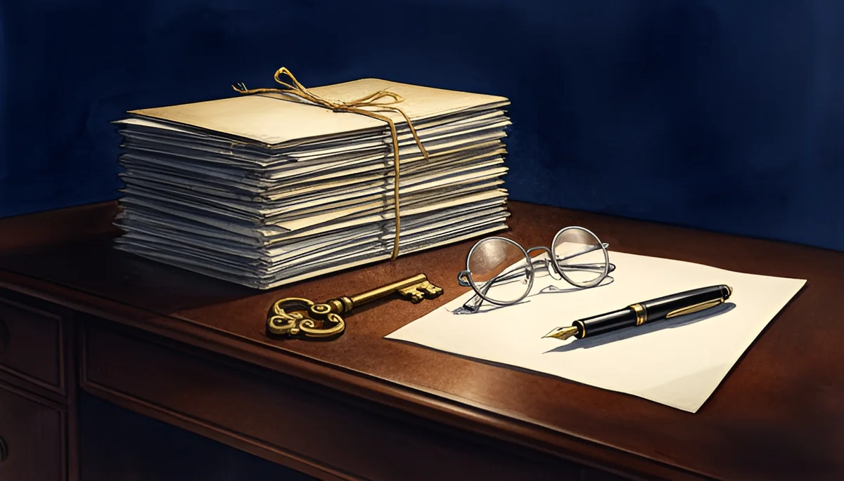 Illustration aquarelle d'un bureau : pile de dossiers ficelés, clé ancienne en laiton, lunettes et stylo-plume sur une feuille vierge, tons marine et or