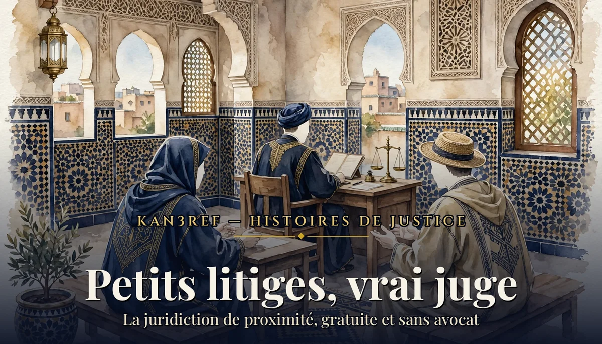 Aquarelle marine et or : petite salle d'audience marocaine aux zelliges, un juge unique à son bureau et deux voisins en discussion de conciliation