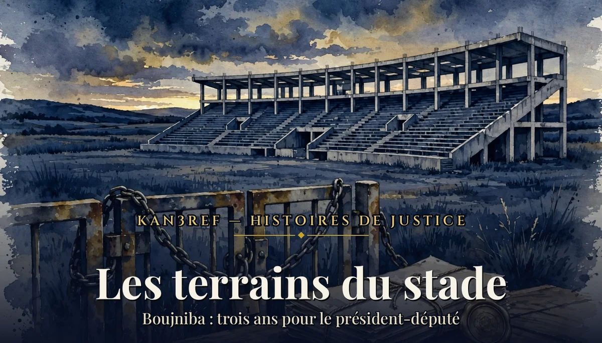 Illustration aquarelle marine et or : tribunes en béton d'un stade inachevé derrière un portail enchaîné, au crépuscule