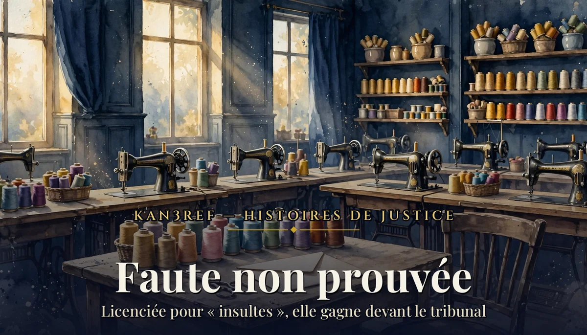 Aquarelle : atelier de couture baigné de lumière, rangées de machines à coudre et bobines de fil colorées, chaise vide devant un poste de travail