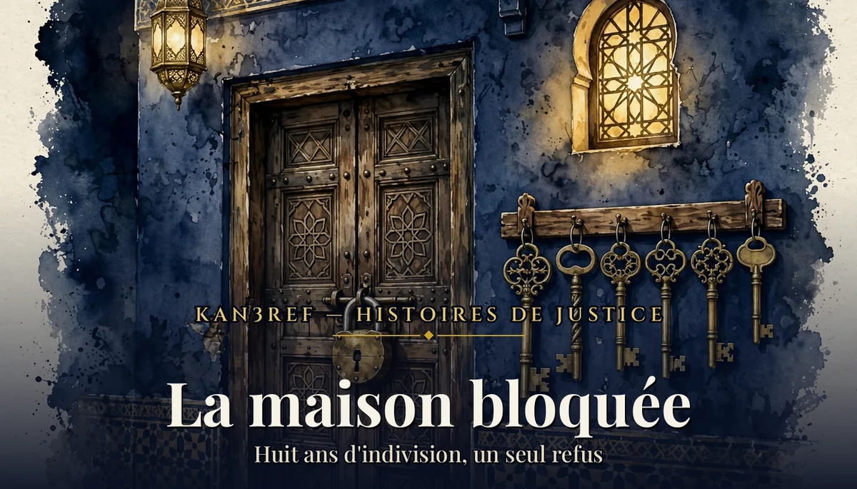 Aquarelle marine et or : une porte marocaine en bois sculpté fermée par un gros cadenas, six clés anciennes en laiton accrochées à côté, une fenêtre éclairée.