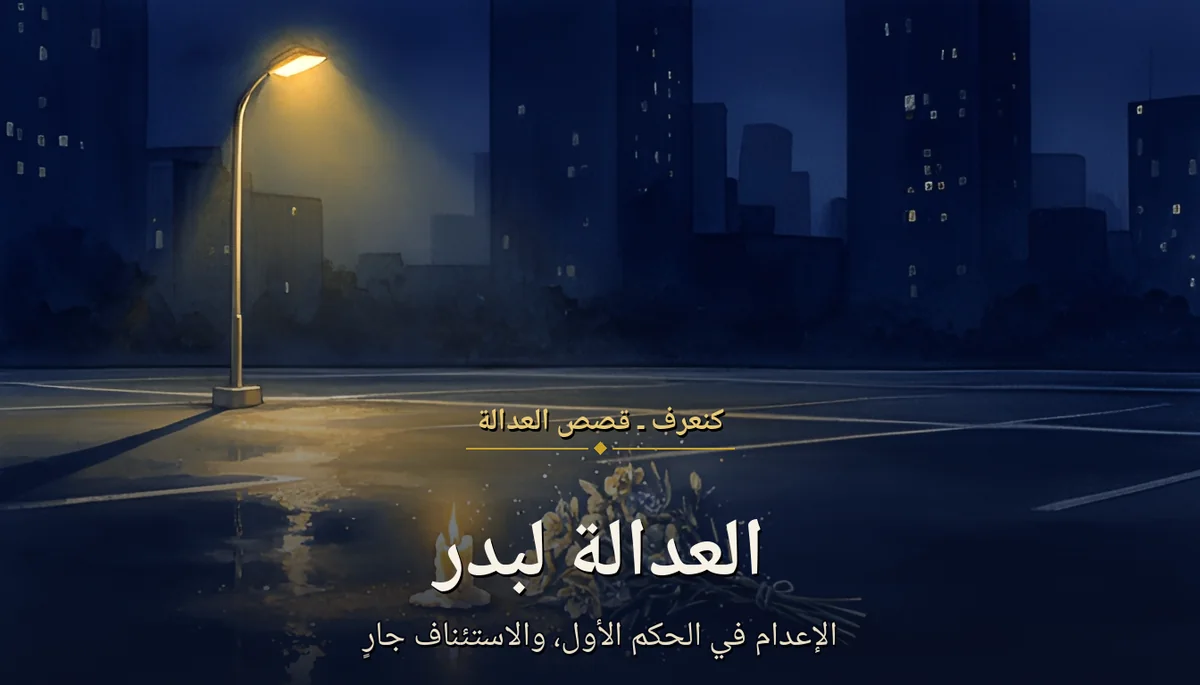 رسم بالألوان المائية الليلية بألوان بحرية وذهبية: باركينغ خاوٍ تحت عمود إنارة، شمعة وباقة ورد على الإسفلت المبلل في ذكرى الضحية — مقال على قضية بدر في عين الدياب