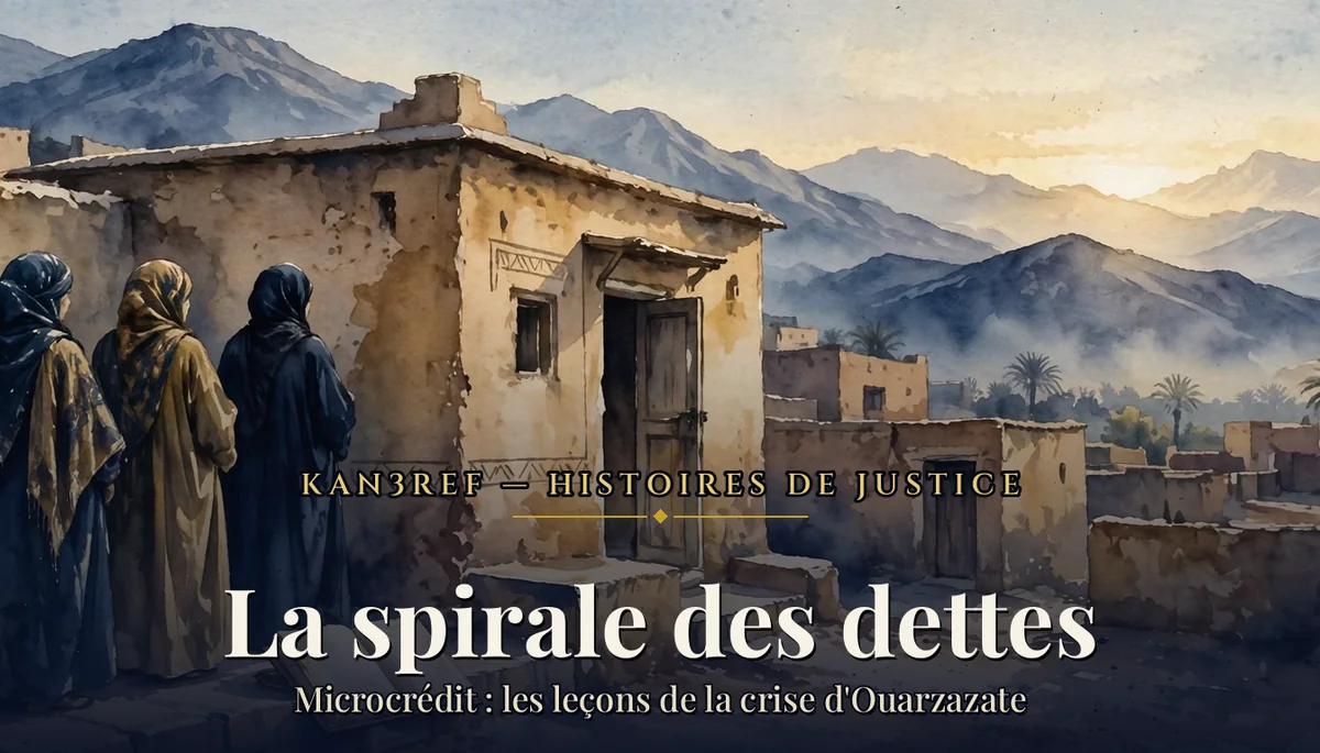 Aquarelle marine et or : femmes de dos devant une maison de terre d'un village du Sud-Est marocain, montagnes à l'aube