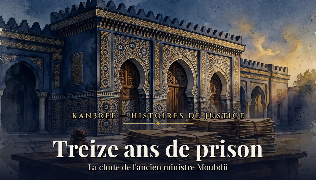 Aquarelle d'une façade d'hôtel de ville marocain ornée de zelliges marine et or, piles de dossiers administratifs ficelés et marteau de juge au premier plan