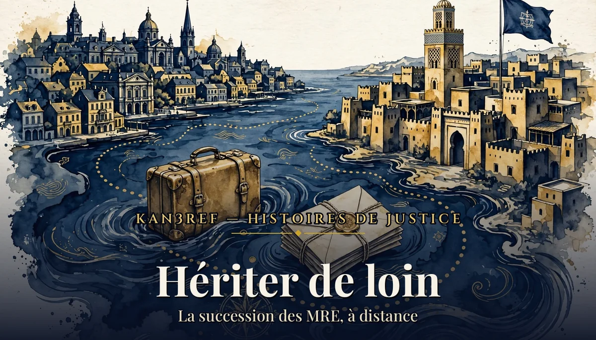 Aquarelle marine et or : une valise ancienne et des enveloppes scellées traversant une mer stylisée entre une ville européenne et une médina marocaine fortifiée.