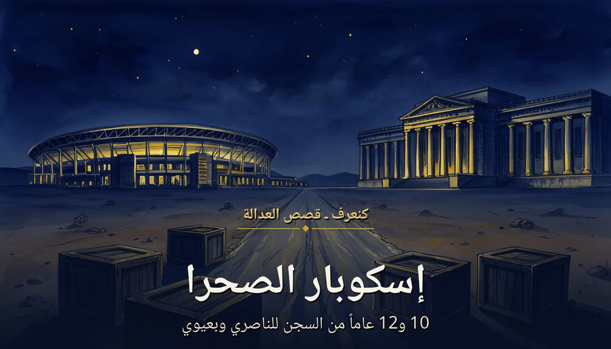 رسم بالألوان المائية: ملعب كرة قدم مضاء في الليل قبالة قصر عدالة بالأعمدة، طريق صحراوية بينهما وصناديق خشبية مختومة في المقدمة — مقال على قضية إسكوبار الصحرا