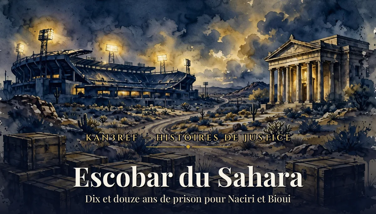 Aquarelle d'un stade de football éclairé la nuit face à un palais de justice à colonnes, route désertique entre les deux, caisses en bois scellées au premier plan