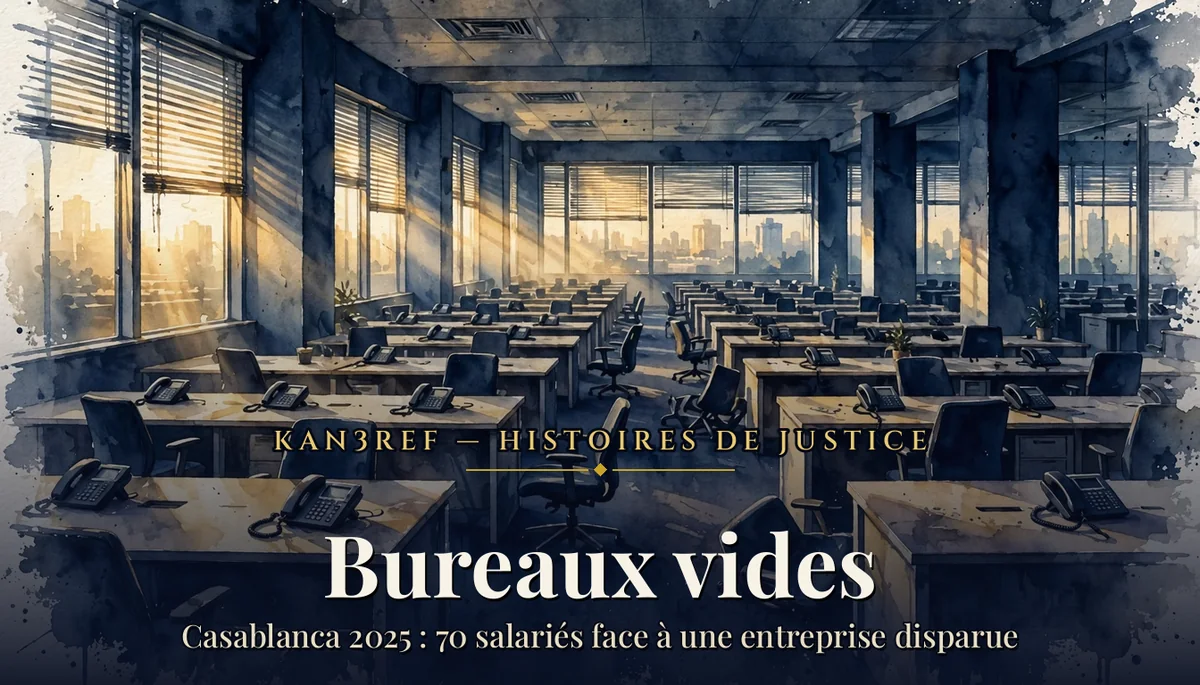 Aquarelle : plateau de centre d'appel désert au petit matin, rangées de bureaux abandonnés avec téléphones, lumière dorée à travers les stores