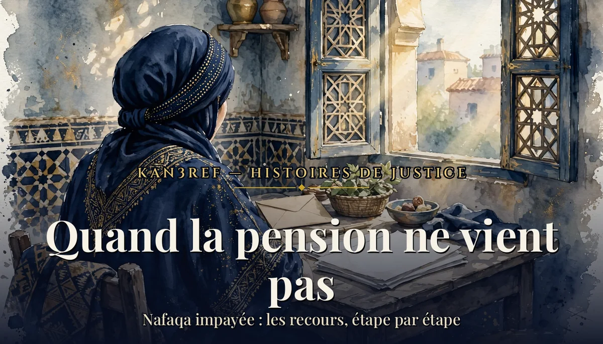 Aquarelle marine et or : une mère vue de dos, assise à une table près d'une fenêtre lumineuse, une enveloppe et des documents vierges devant elle.