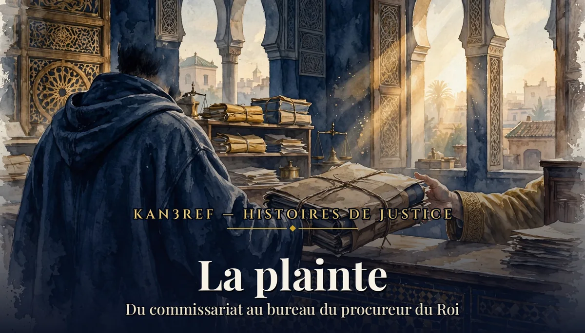 Aquarelle marine et or : un justiciable de dos remet un épais dossier ficelé au guichet d'un greffe, dans la lumière du matin