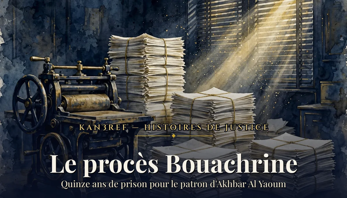 Aquarelle aux tons marine et or : une vieille rotative d'imprimerie et des piles de journaux vierges ficelées dans une rédaction sombre, traversée par un rai de lumière dorée